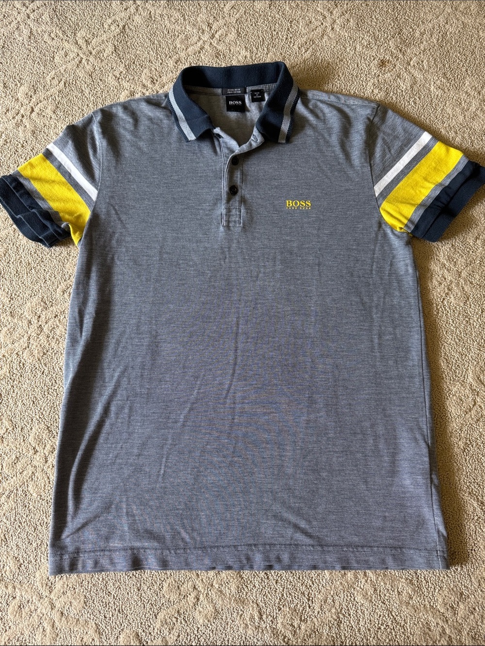 BOSS Polo with Yellow & Navy Sleeve Stripes